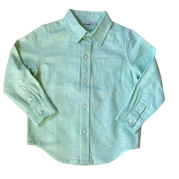 Janie and Jack Size 4 Button Down Light Green Cotton Linen Shirt - Picture 4 of 6